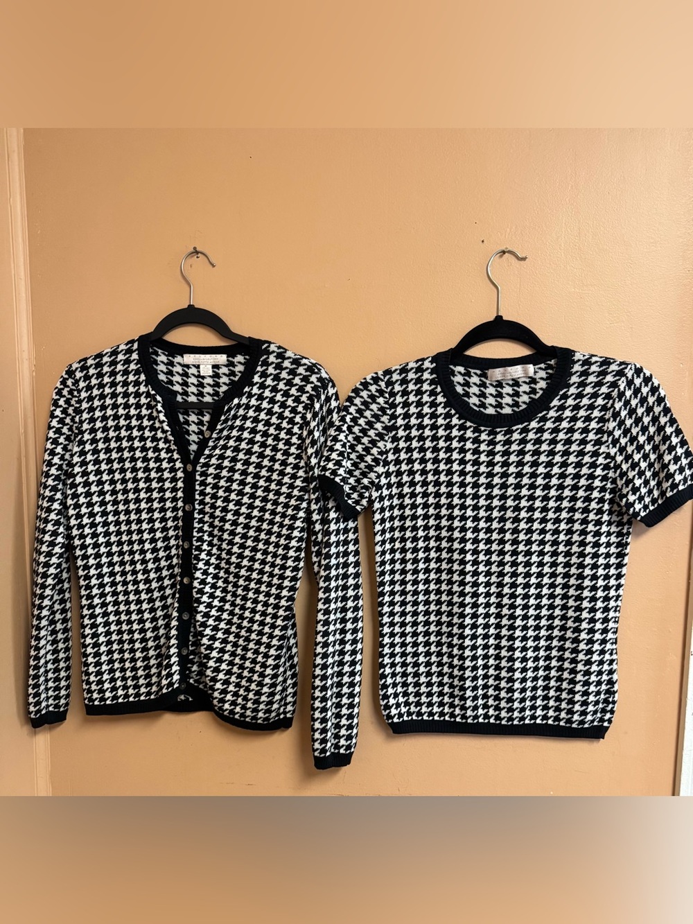 VTG Belford Saks Fifth Avenue 100% Silk Houndstooth Twinset Cardigan Shell Set M